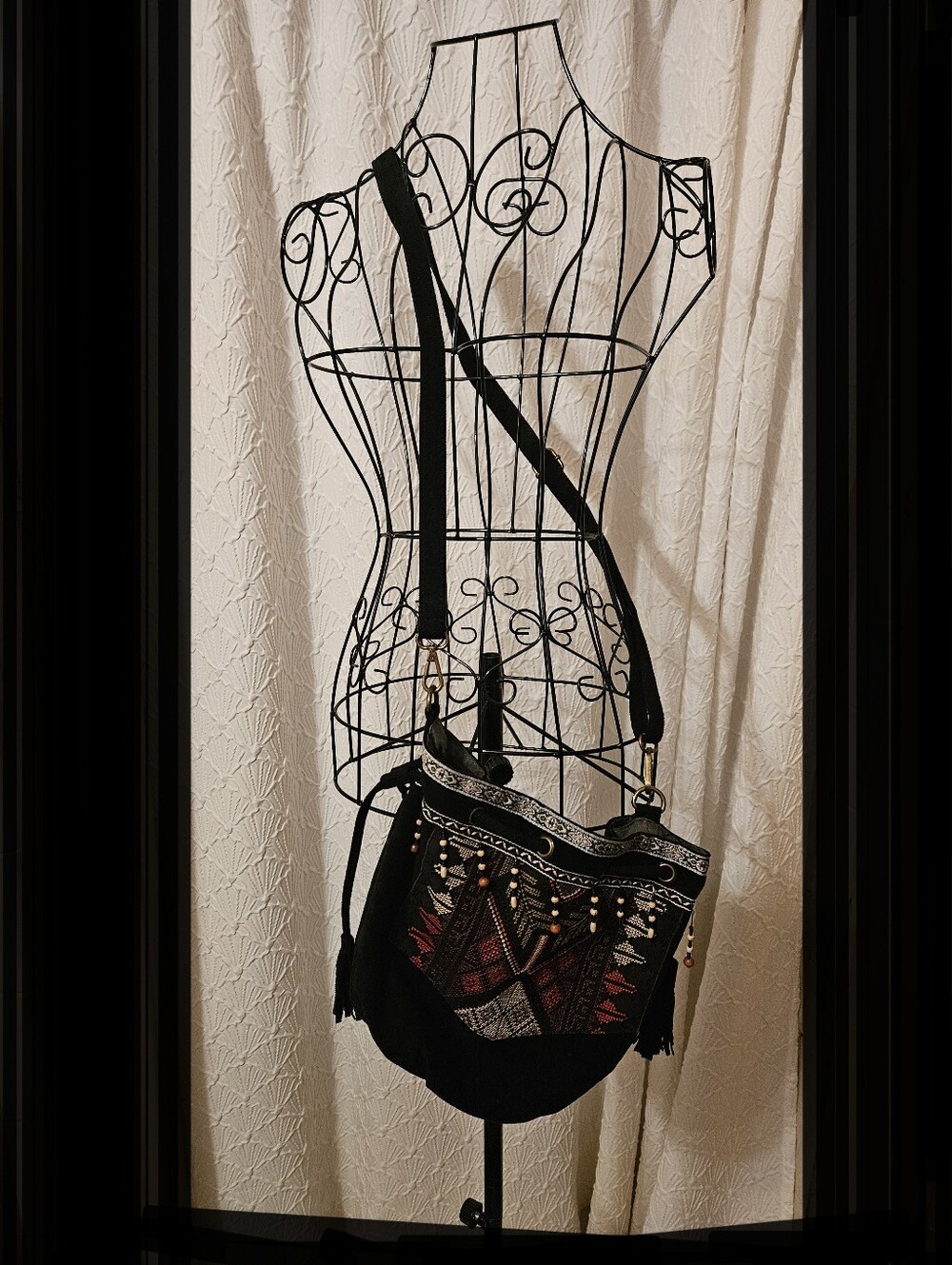 Crazy Lou  Black Suede Like Embroidered Crossbody Bag with Red and Gold Accents - Picture 2 of 6